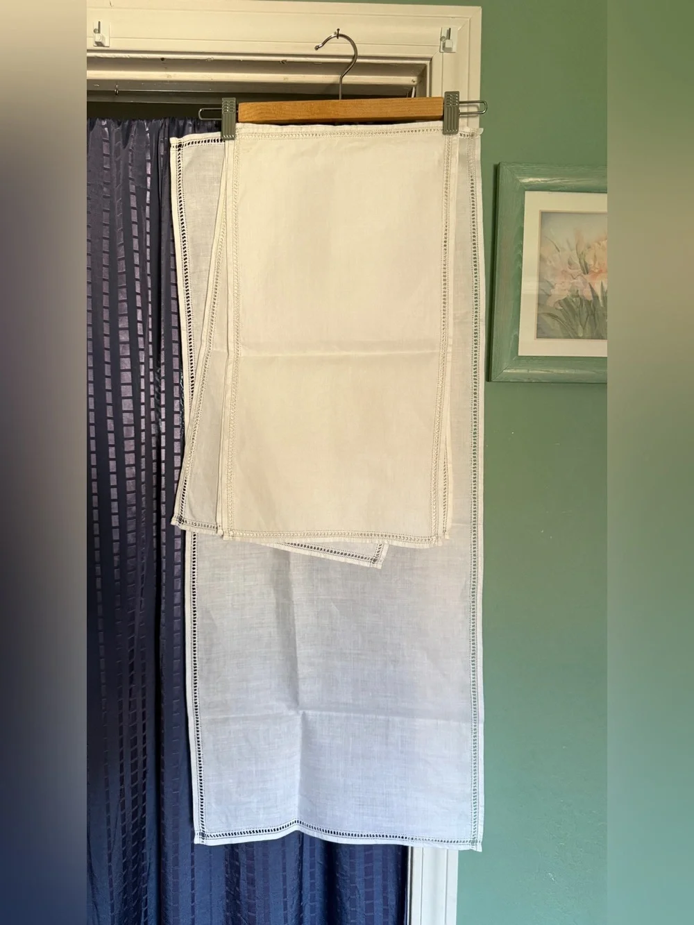Vintage Linen Table Runner & 6 Napkins Set Handmade Hemstitch White